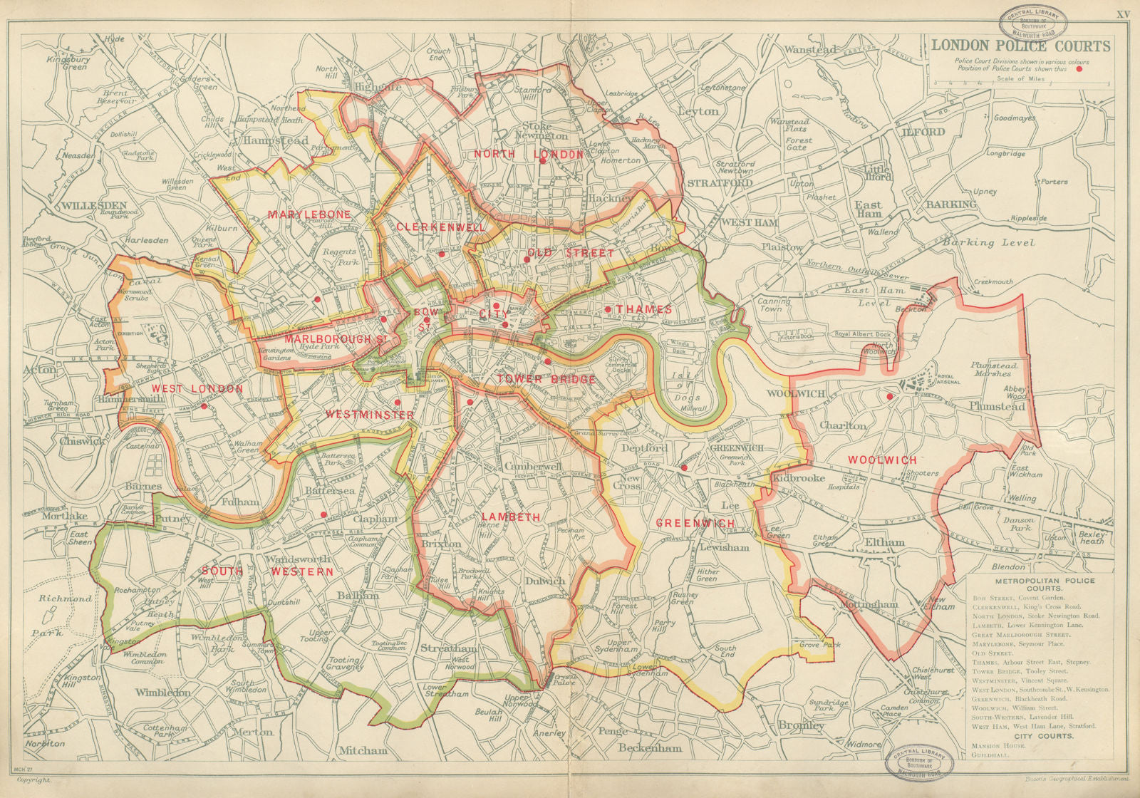 LONDON POLICE COURTS with divisions & court locations. BACON 1934 old map